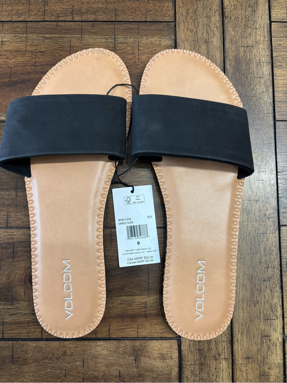 Volcom Black Slide Sandals with Tan Footbed
